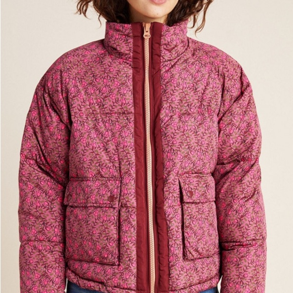 Anthropologie Red and Brown Floral Puffer Jacket